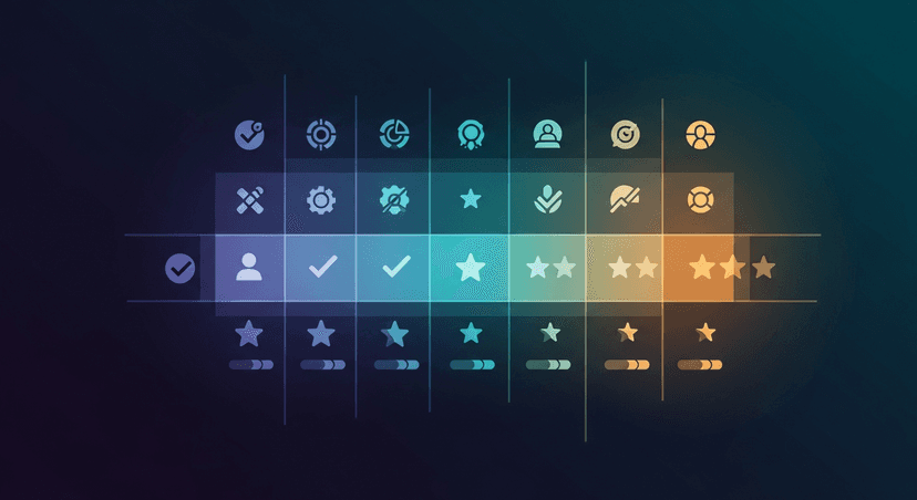 Comparison matrix showing key features across the reviewed tools with checkmarks and ratings