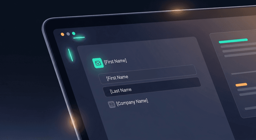 A close-up of a laptop screen with an email draft open, showing specific placeholder fields like [First Name