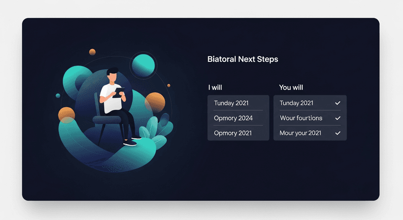 A sample follow-up email mockup showing the bilateral next steps format: two columns, 