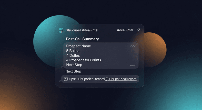 A Slack message in a #deal-intel channel showing a structured post-call summary, 5 bullet points, prospect name, next step, and a link to the HubSpot deal record