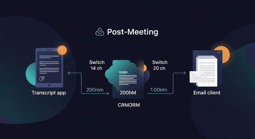 Diagram showing the fragmented post-meeting workflow (transcript app → CRM → email client) with time estimates at each step and arrows showing the back-and-forth switches