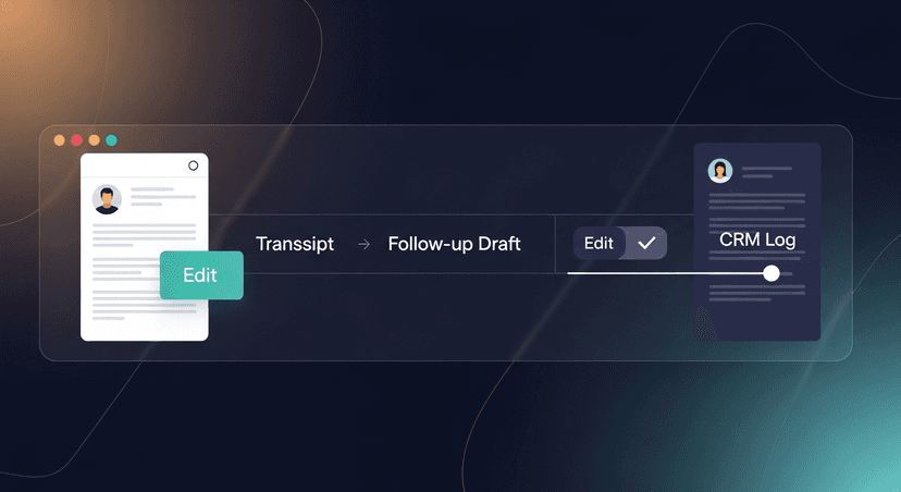 Screenshot mockup of a post-meeting workflow showing transcript → follow-up draft → CRM log as a single linear flow, with edit checkpoints marked