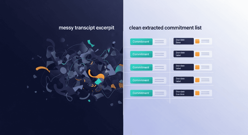 Side-by-side comparison of a messy transcript excerpt vs. a clean extracted commitment list with owner labels and due dates
