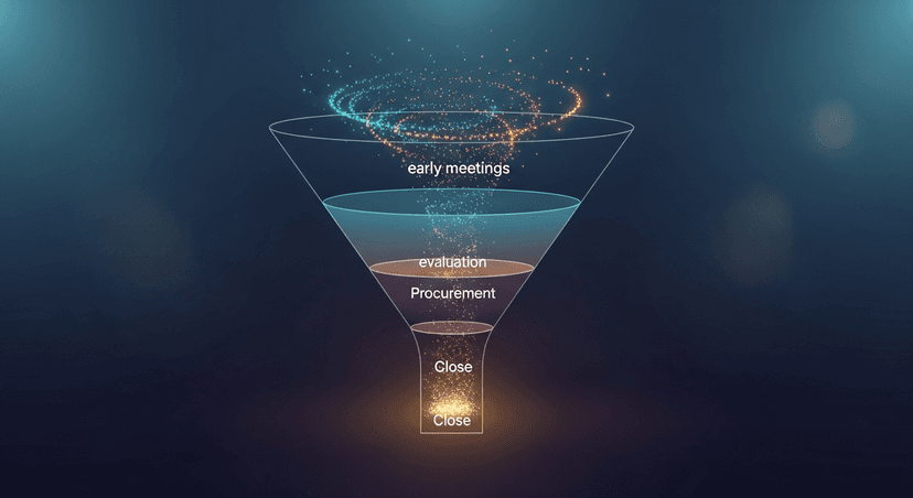 Simple funnel diagram showing how commitment tracking at early meetings compounds through later deal stages, evaluation, procurement, close