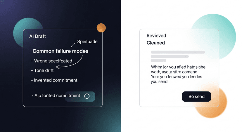 Side-by-side comparison of an AI draft with common failure modes annotated (wrong specificity, tone drift, invented commitment) versus a reviewed and cleaned version ready to send