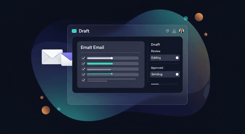 A clean UI mockup showing a draft email with inline editing highlights: the five review checkpoints visually marked in the draft before it's approved for send