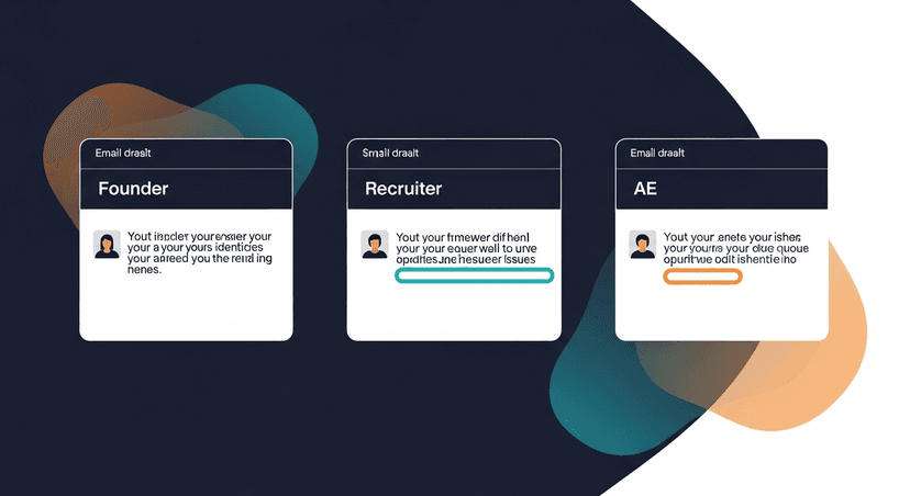 Three email drafts side by side representing the three personas (founder, recruiter, AE) each with one key edit highlighted, showing how the review framework surfaces a different issue in each context