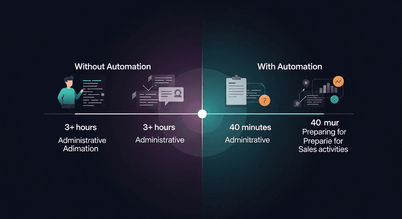 A split timeline showing a rep's day with and without post-meeting automation, left side shows 3+ hours of admin, right side shows 40 minutes of focused selling prep