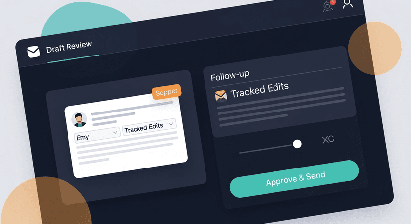 A mockup of a draft review screen showing a follow-up email with tracked edits and an