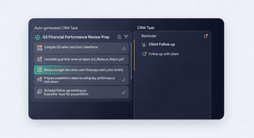 Screenshot comparison showing a detailed auto-generated CRM task with specific action items versus a generic 'follow-up' reminder