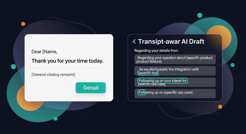 Example of a generic templated follow-up email vs. a transcript-aware AI draft that references specific details from the conversation, shown as two email mockups side by side