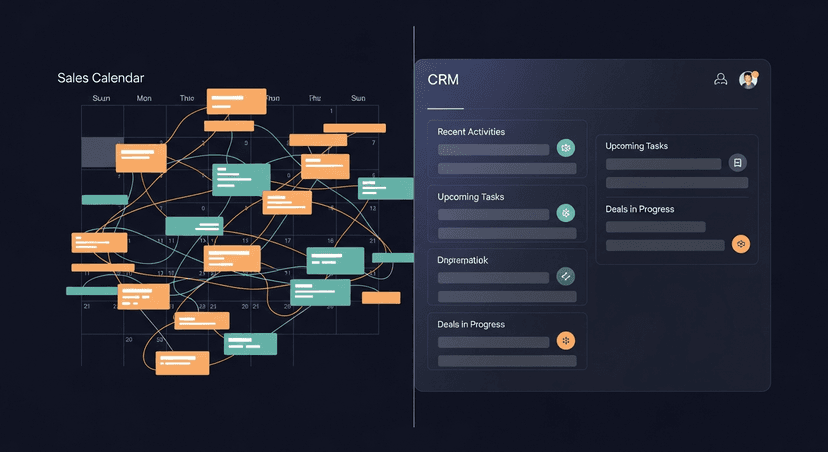 split-screen showing a chaotic rep calendar next to a CRM dashboard with empty activity fields
