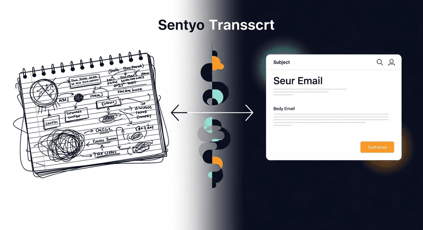 Split screen showing a messy handwritten note pad next to a clean sent email, transcript in the middle