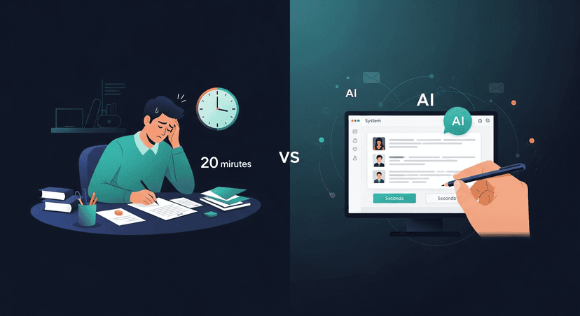 Split-screen comparison showing a sales rep manually writing a follow-up email (cluttered desk, stressed expression, clock showing 20 minutes elapsed) versus an AI system automatically generating a personalized follow-up in seconds