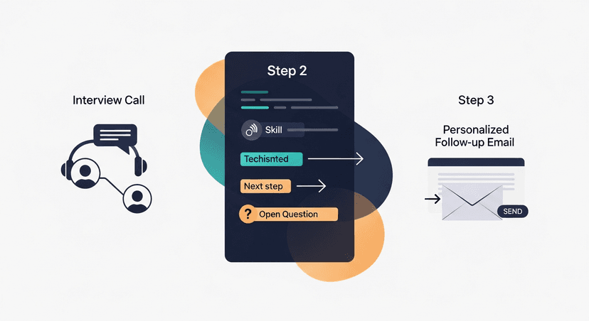A simple three-step diagram (Step 1: Interview call, Step 2: Transcript with three details highlighted (specific skill mentioned, next step, open question), Step 3: Personalized follow-up email sent) showing the workflow from call to sent email