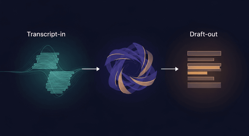 diagram showing transcript-in → draft-out flow in three steps