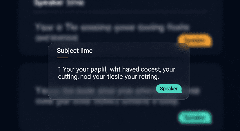 screenshot mock of a generated subject line + first paragraph with speaker labels visible in background