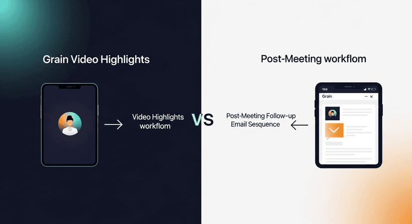 Side-by-side comparison showing Grain's video highlight workflow vs. a post-meeting follow-up email sequence workflow, illustrating where each tool's job ends