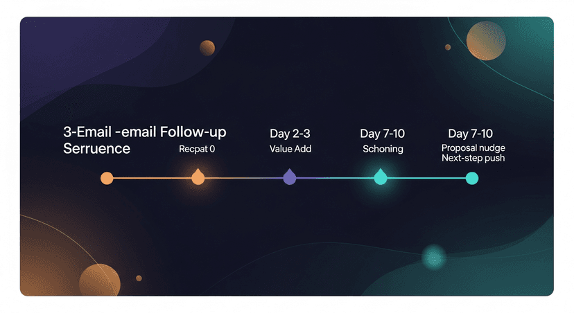 A visual timeline showing the 3-email follow-up sequence with timing markers, Day 0 (same-day recap), Day 2-3 (value-add), Day 7-10 (proposal nudge or next-step push)