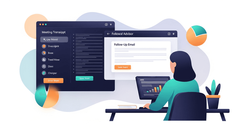 A financial advisor at a desk reviewing a meeting transcript on one screen and a clean follow-up email draft on another, split screen showing the transcript-to-email workflow