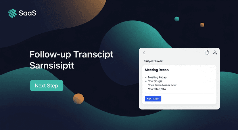 A screenshot mockup of a follow-up email generated from a transcript, showing subject line, key meeting recap bullets, and a clear next-step CTA
