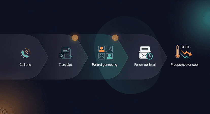 A timeline illustration showing a typical post-meeting workflow, call ends, transcript generated, rep gets pulled into next meeting, follow-up email gets delayed, prospect momentum cools