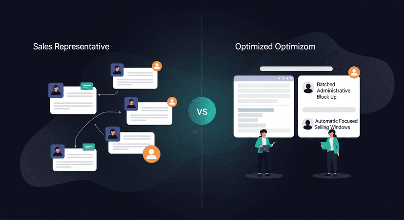 A simple before/after comparison, left side shows a rep's scattered daily workflow with admin interrupting selling time, right side shows batched admin blocks and automated follow-up freeing up focused selling windows