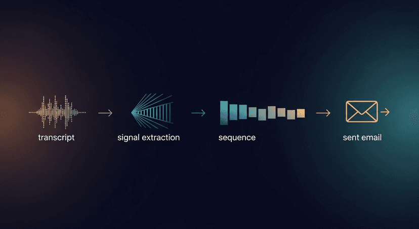 diagram showing transcript → signal extraction → sequence → sent email, no bot icon in the chain
