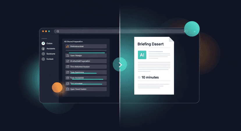 A split-screen showing a cluttered browser with 15 open tabs on one side and a clean AI-generated briefing doc on the other, representing the contrast between unstructured prep and the 10-minute AI workflow
