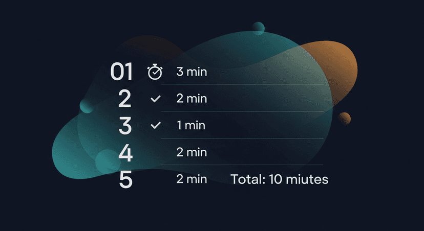 A simple numbered checklist graphic showing the five steps with time budgets (3 min, 2 min, 1 min, 2 min, 2 min) totaling 10 minutes