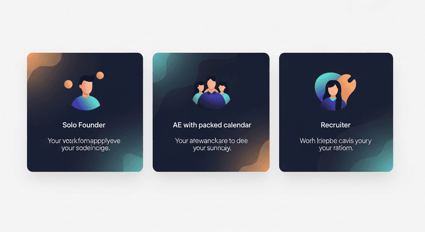 Three persona cards side by side (solo founder, AE with packed calendar, recruiter) each with a one-line description of how the workflow applies to their specific situation