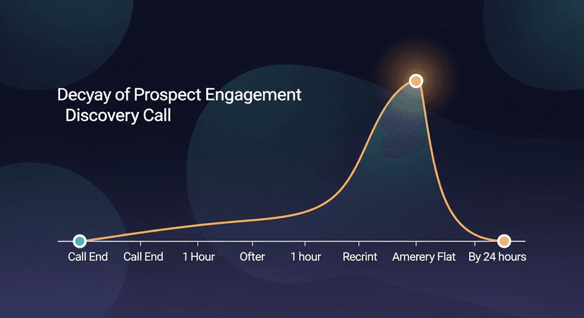 A timeline graphic showing the decay of prospect engagement after a discovery call, high at call end, dropping sharply after 1 hour, nearly flat by 24 hours
