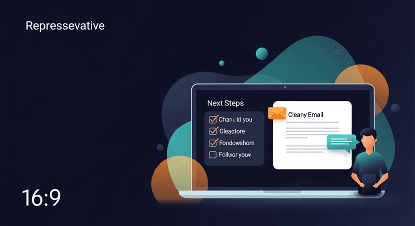 Illustration of a rep on a laptop with a clean email draft on screen, a checklist of next steps visible, showing the post-call workflow