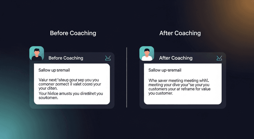 Side-by-side comparison of two follow-up emails from the same rep: one before coaching intervention showing vague next steps, one after showing a specific meeting ask and value reframe