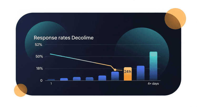 Bar graph showing response rates declining over time, from 52% at 1 hour to 18% at 4+ days, with 24 hours highlighted as the recommended sweet spot