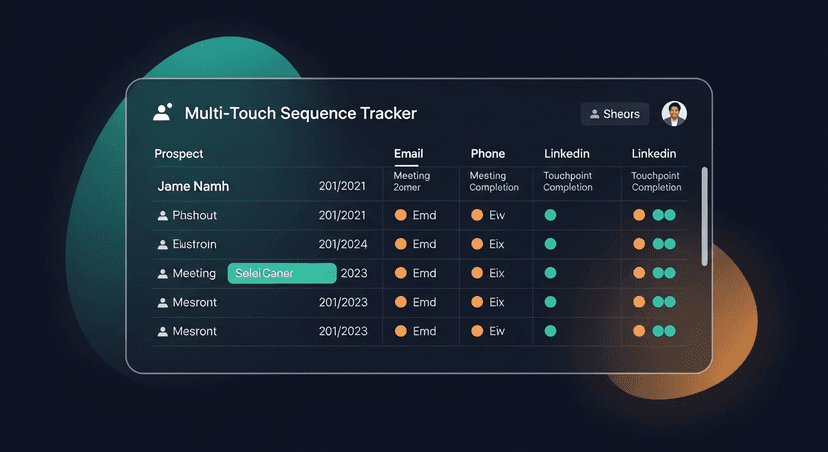 Screenshot mockup of a multi-touch sequence tracker showing prospect names, meeting dates, and color-coded touchpoint completion status across email, phone, and LinkedIn columns