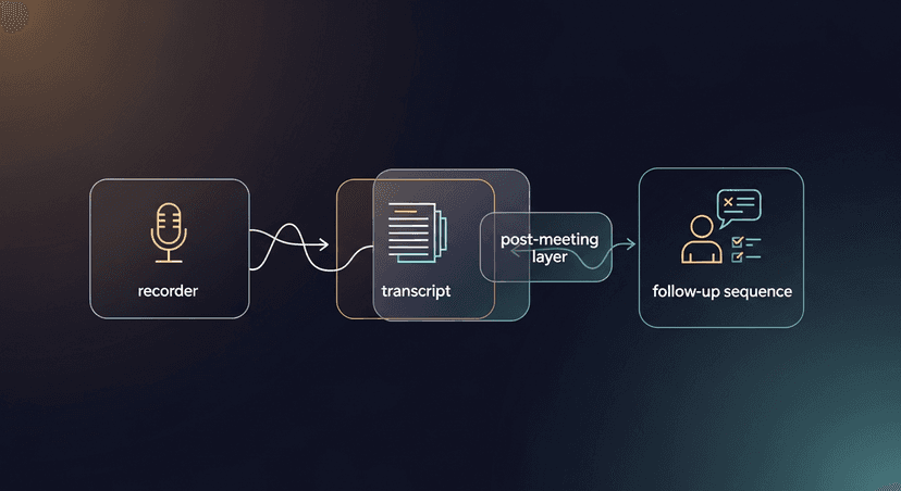 simple three-box diagram (recorder → transcript → follow-up sequence) with "post-meeting layer" labeled between the second and third box