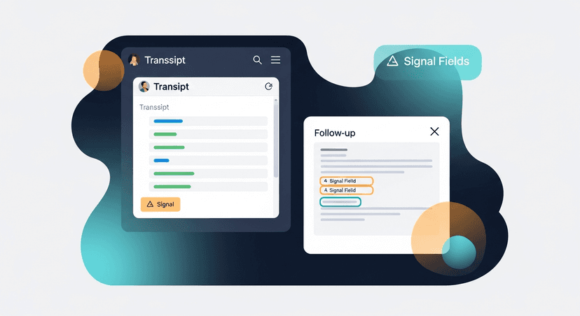 screenshot mockup of a transcript pasted on the left and a follow-up email draft on the right, with the four signal fields highlighted