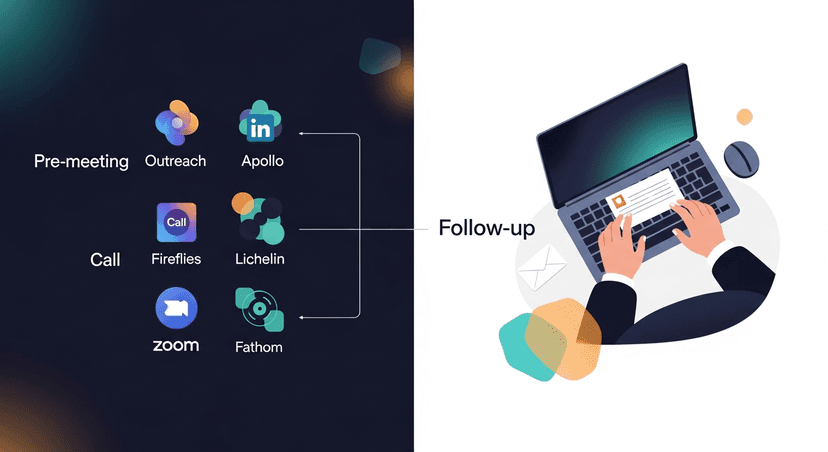 A split diagram showing the sales automation stack, left side shows pre-meeting tools (Outreach, Apollo, LinkedIn) and call tools (Zoom, Fireflies, Fathom), right side shows a gap labeled