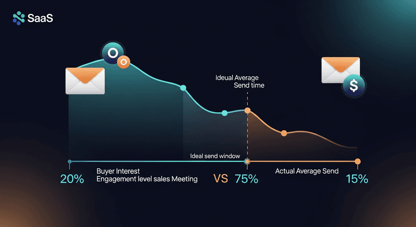 A timeline graphic showing buyer interest/engagement level decaying over time after a sales meeting, with annotations marking the