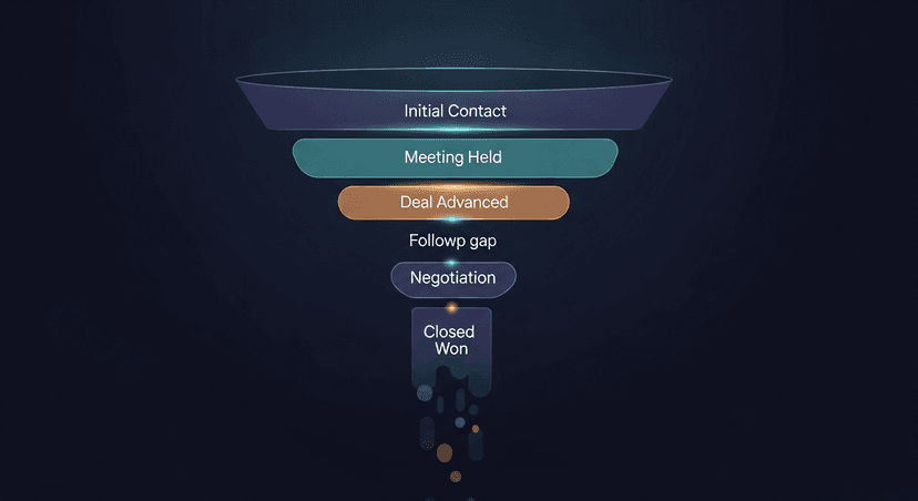 A funnel graphic showing where deals drop off post-meeting, highlighting the follow-up gap between