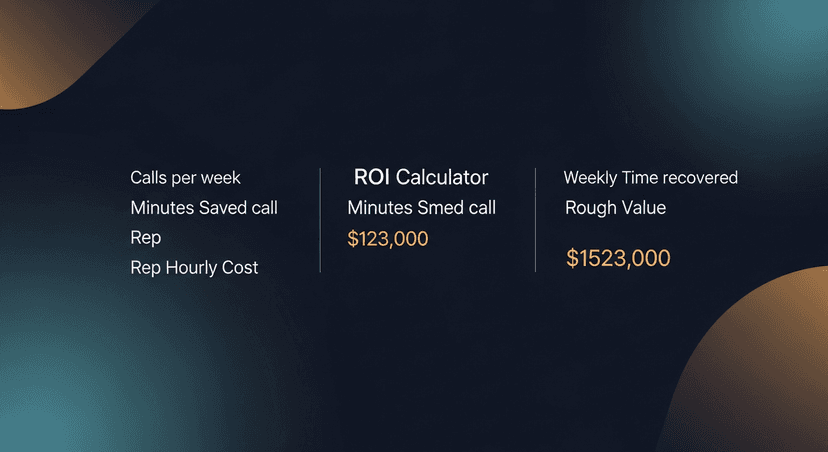 Simple ROI calculator visual (inputs: calls per week, minutes saved per call, rep hourly cost) output: weekly time recovered and rough dollar value
