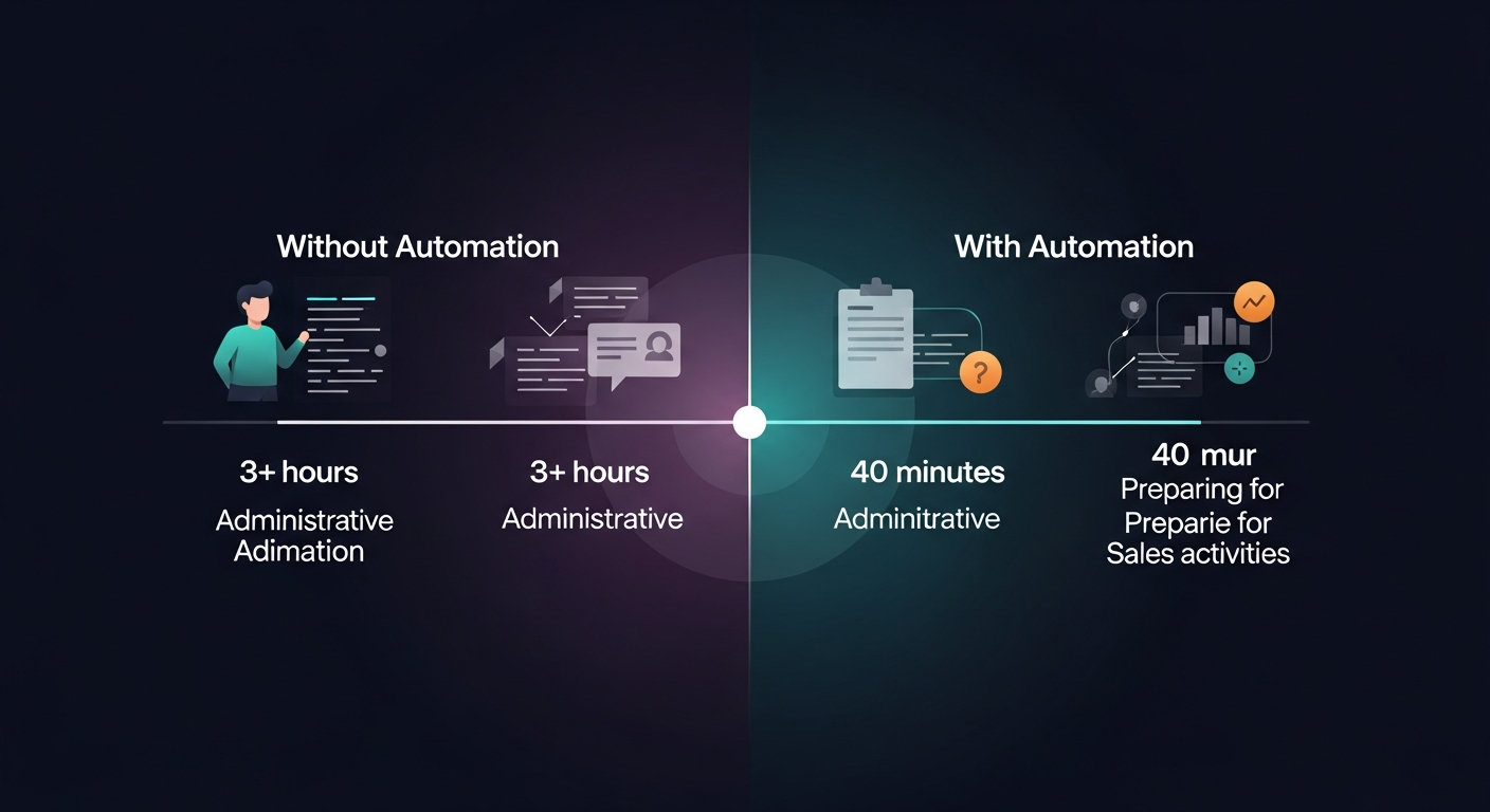 A split timeline showing a rep's day with and without post-meeting automation — left side shows 3+ hours of admin, right side shows 40 minutes of focused selling prep