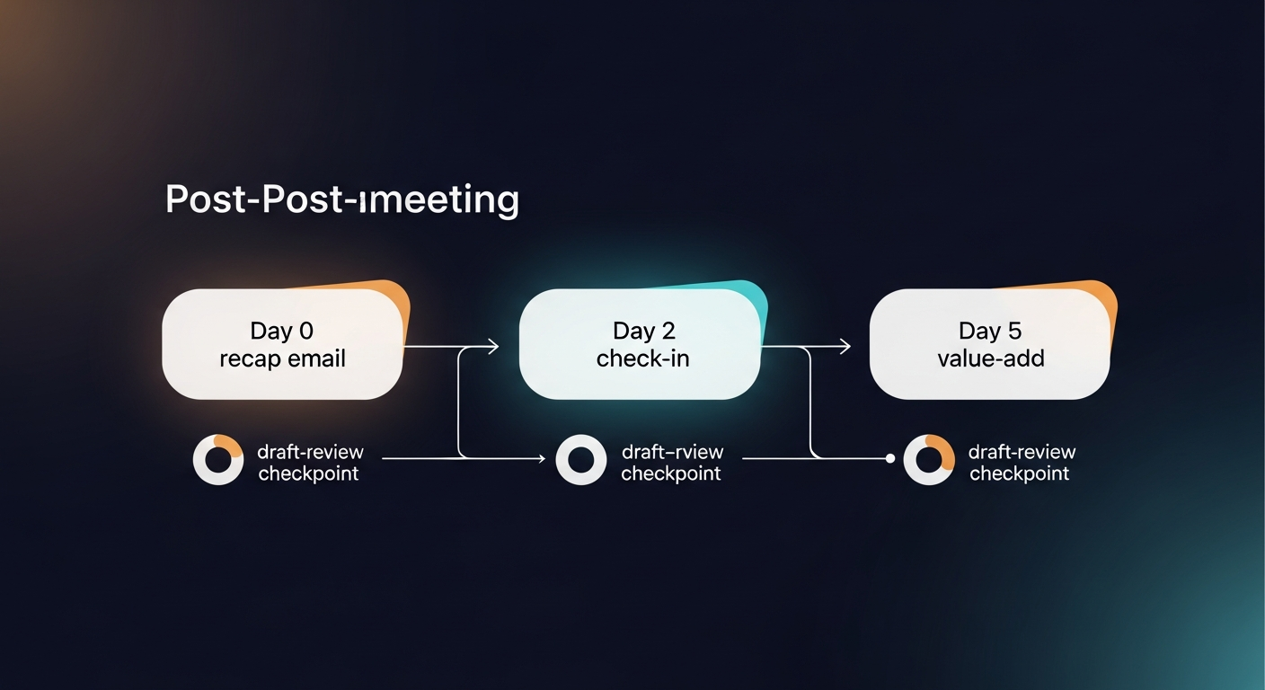 A simple flowchart showing a 3-step post-meeting sequence: Day 0 recap email → Day 2 check-in → Day 5 value-add, with draft-review checkpoints at each step