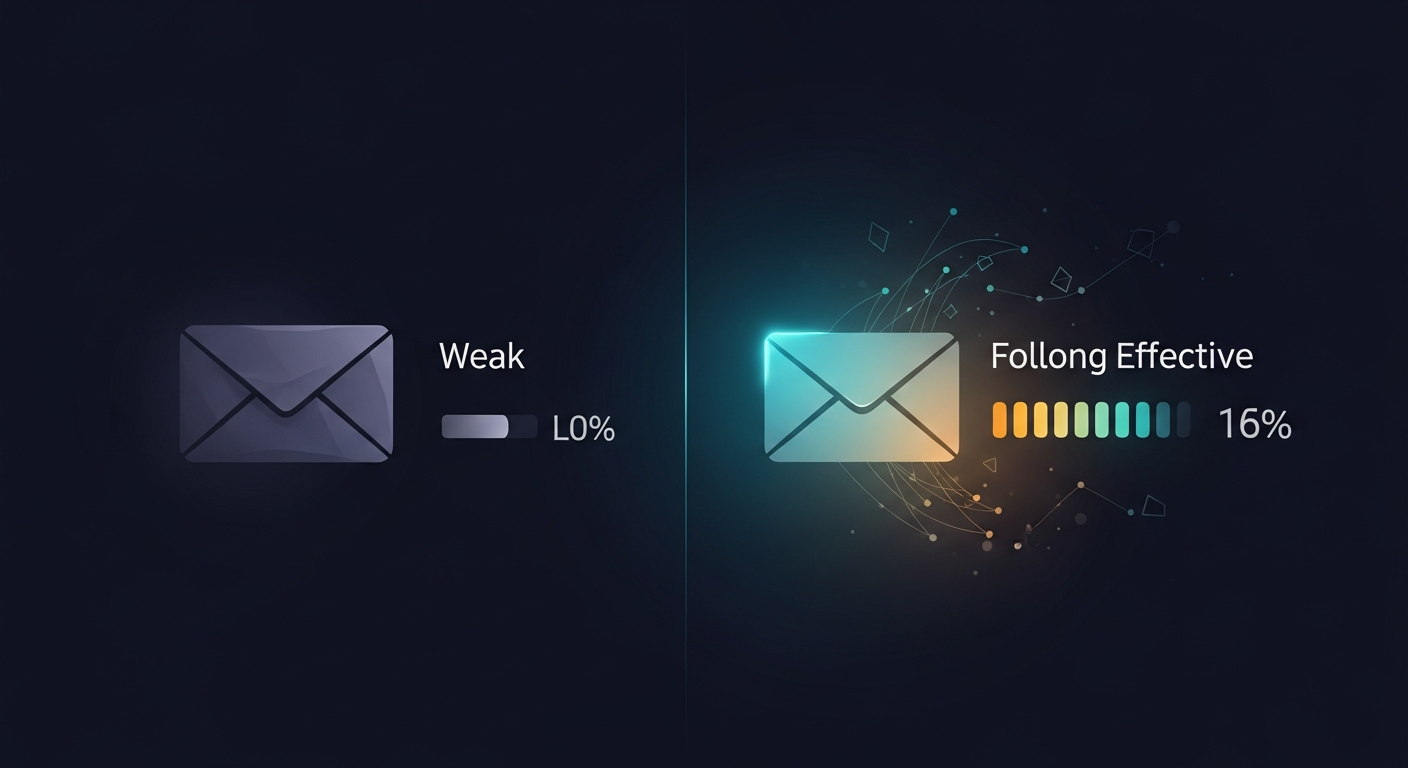 Side-by-side comparison of a weak subject line vs. a strong follow-up subject line, showing open rate difference