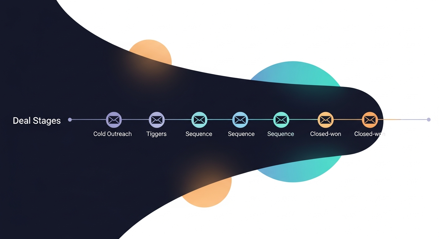A visual timeline showing 7 deal stages from cold outreach to closed-won, each with an email icon representing the sequence trigger point