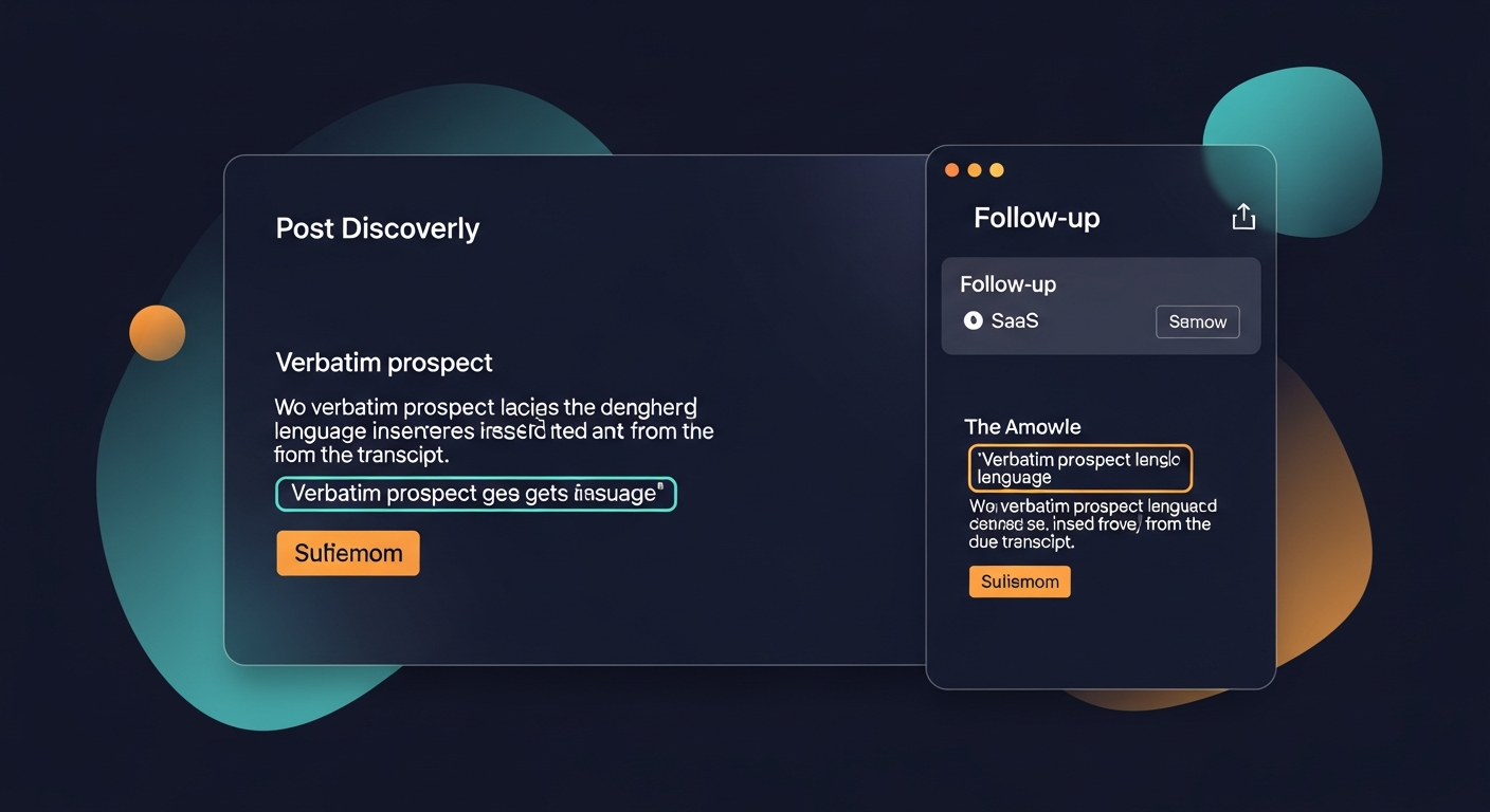 Screenshot mockup of a post-discovery follow-up email with highlighted sections showing where verbatim prospect language gets inserted from the transcript