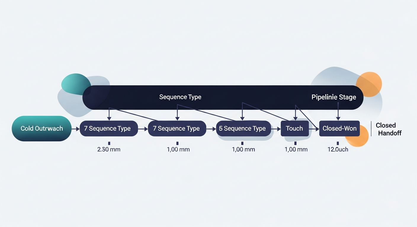 A flow diagram showing the 7 sequence types mapped to a deal pipeline, from cold outreach on the left to closed-won handoff on the right, with approximate timing for each touch