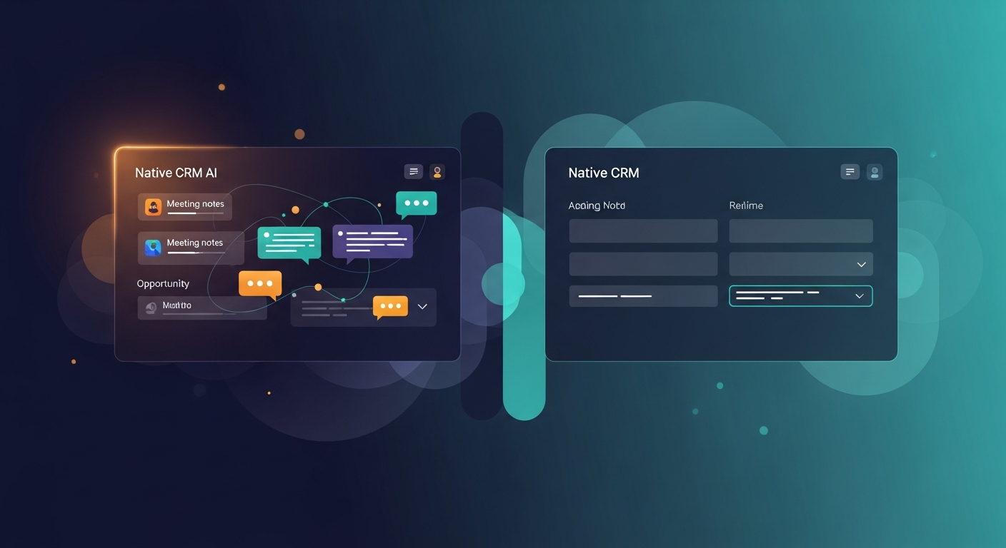 Dashboard comparison showing native CRM AI interface with meeting notes being automatically populated into opportunity records