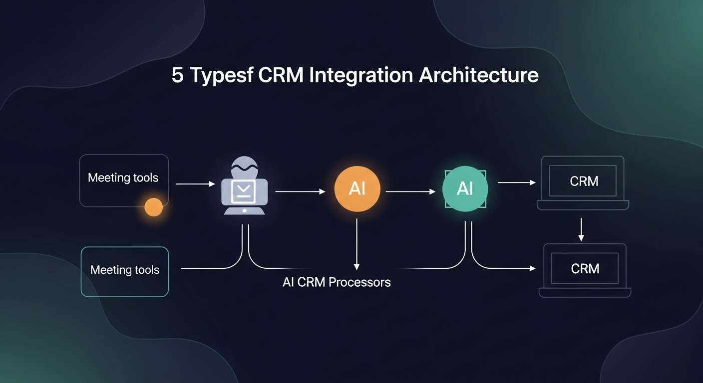 Diagram showing the five types of AI CRM integration architecture with data flow arrows between meeting tools, AI processors, and CRM systems